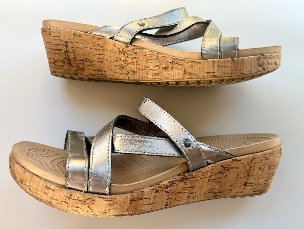 CROCS Wedge Sandal Womens 10 Cork Silver Strappy Slip On Comfort